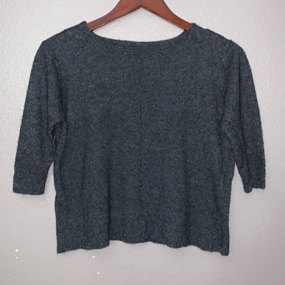 Preston & York Woman’s Gray Crop 3/4 Sleeve beaded Top Silk Wool Cashmere blend